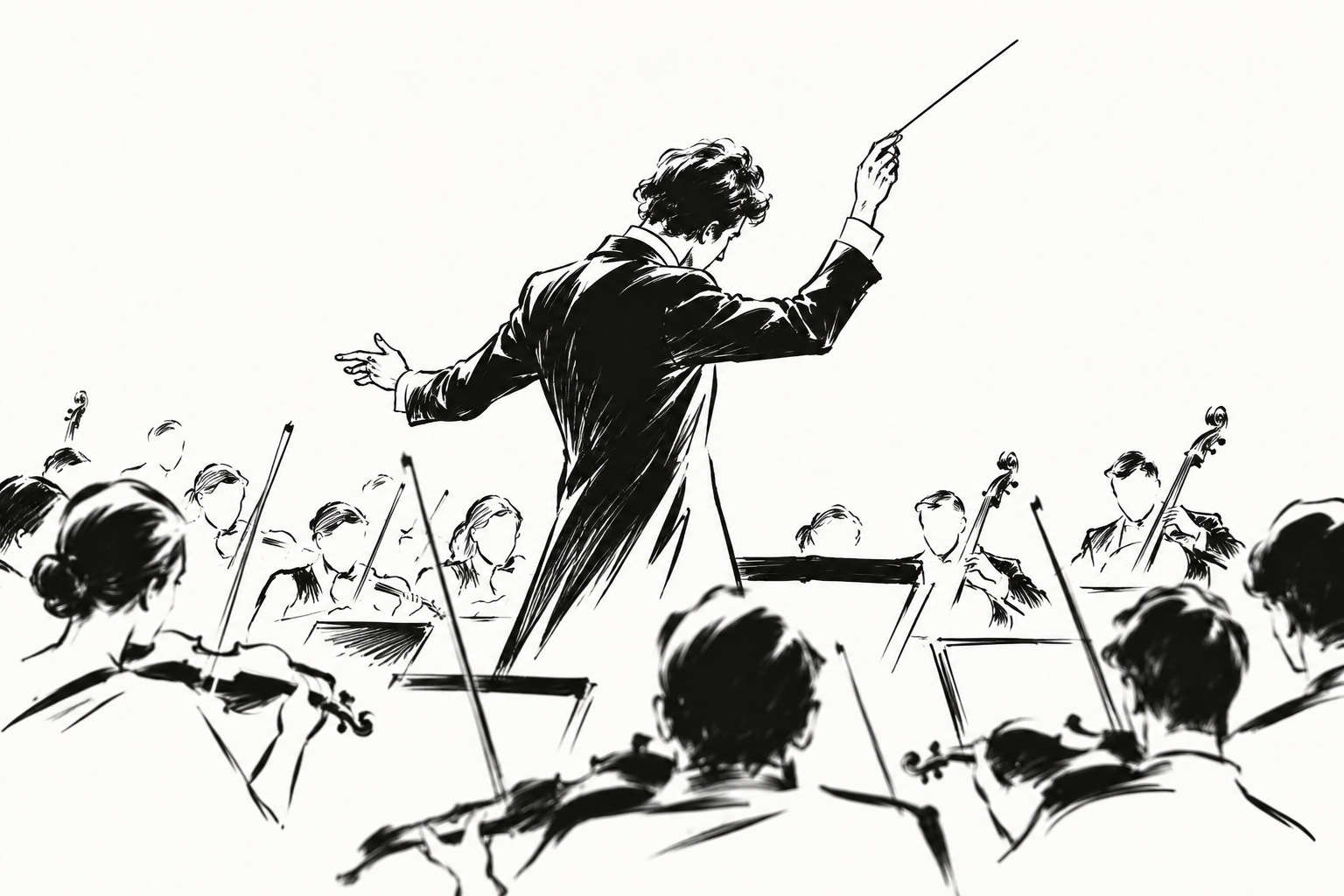 Handskizze eines Dirigenten vor einem Orchester